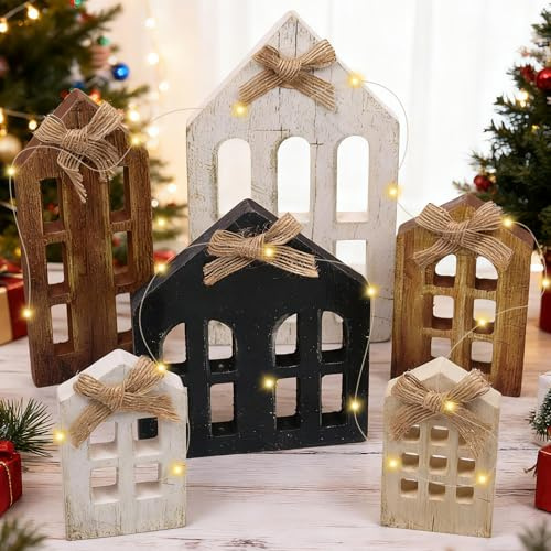 KIKVTER Adornos Navidad Madera, 6 Piezas Casas Navideñas, Casa de Navidad para Decorar, Casitas de Navidads con Luces LED, Navidads Decoración Casa, Decoracion navidads Mesa, Adornos Invernales