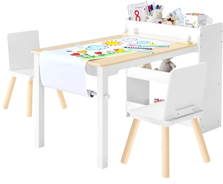 VEVOR Mesa Infantil, con 2 Sillas y Armario de 3 Niveles, Conjunto de Mesa de Arte para Leer, Aprender, Dibujar y Escribir, para Guardería, Blanco, 102,5 x 58 x 64 cm, para Niños de 2 a 8 Años