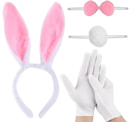 TGKEAIY 4 Piezas Juego de Disfraz de Conejo Rosa, Disfraz de Conejos de Pascua para Adulto, Orejas de Conejo Diadema, Pajarita, Blanco Guantes, Cola, para Halloween, Pascua, Fiesta, Cosplay