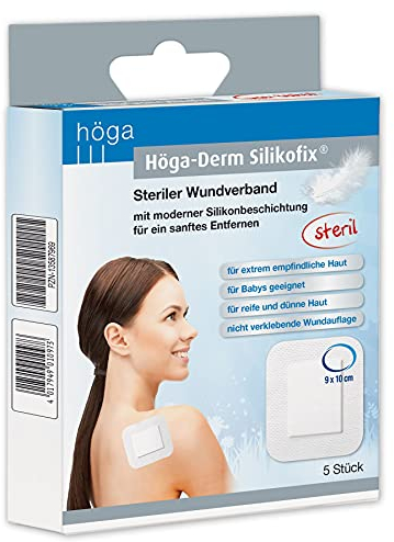 Höga Derm Silikofix 9 cm x 10 cm, steriler Wundverband (Pflaster) mit moderner Silikonbeschichtung für ein sanftes Entfernen, 5 Stück, Weiß