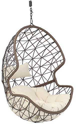 Sunnydaze Danielle Hanging Egg Chair - Resin Wicker Basket Design - Outdoor Use - Includes Beige Cushion