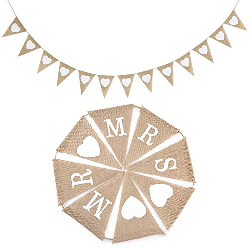 NACTECH 2ST Girlande Hochzeit Wimpelkette Jute Hochzeitsdeko Vintage Mr&Mrs Girlande Herz Wimpel Girlande für Vintage Deko Hochzeit Autodeko Draußen Outdoor Dekoration