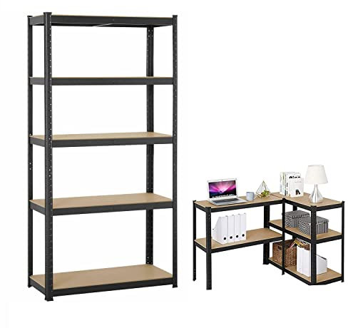 5-Shelf Adjustable, Heavy Duty Storage Shelving Unit 875KG Loading Capacity, Steel Organizer Wire Rack, Storage Racking Shelving 150 x70 x30cm, Metal Shelving Unit For Garden Garage Sheds, Black