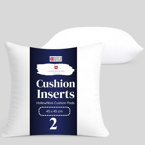 Lancashire Textiles 2 Pack 18 x 18” (45 x 45cm) Quality Microfibre Super Bounce Fibre Cushion Pads Made in Britain with Our Luxury Hollowfibre Filling