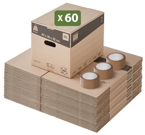 Pack and Move - Lot 60 cartons déménagement stockage livres - 40 x 30 x 30 cm - Poignées renforcées - 3 adhésifs offerts