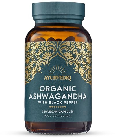 Ayurvediq Wellness Organic Ashwagandha with Organic Black Pepper 650mg, 120 Capsules - Ashwagandha High Strength for Anxiety, Stress Relief for Adults, Better Sleep - Vegan Ayurvedic Products