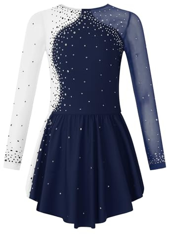 Nyeemya Vestido Patinaje Artistico sobre Hielo para Niñas Brillantes Maillot Danza de Manga Larga Leotardo Ballet Maillot de Gimnasia Rítmica con Falda Azul Marino 11-12 años
