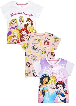 Disney Princess Girls T-Shirts Pack of 3, 3PK Princess T-Shirts, Summer Tops for Girls (5-6 Years) Multicoloured