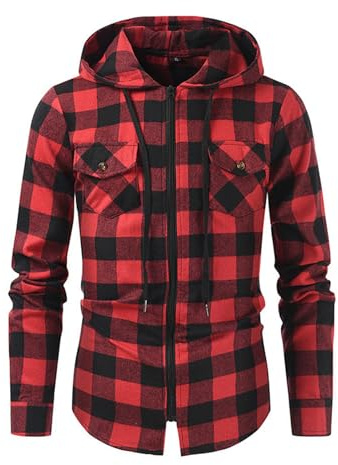 ZDSUHYIW Camisa de trabajo para hombre, a cuadros, camisa con capucha, manga larga, chaqueta de leñador, chaqueta de manga larga, camisa a cuadros, camisa de franela, color negro, talla grande,