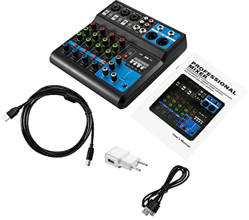 5-Kanal Mischpult Audio mit USB Mispult DJ-Mixer Mischpult, Audiomixer, Tragbarer Bluetooth-Audio-Mixer, 2 Microphone Input, für Mikrofone/Gitarren/Bass etc