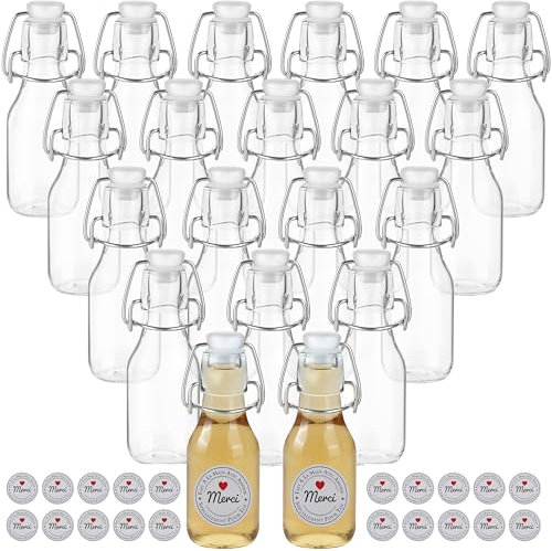 Winter Shore Botella Cristal de 120 ml con Tapas Volteables y Etiquetas (Pack de 20) Tarro de Vidrio Reutilizable para Kombucha - Botellas Cristal Pequeñas para Alcohol - Recipiente para Salsa