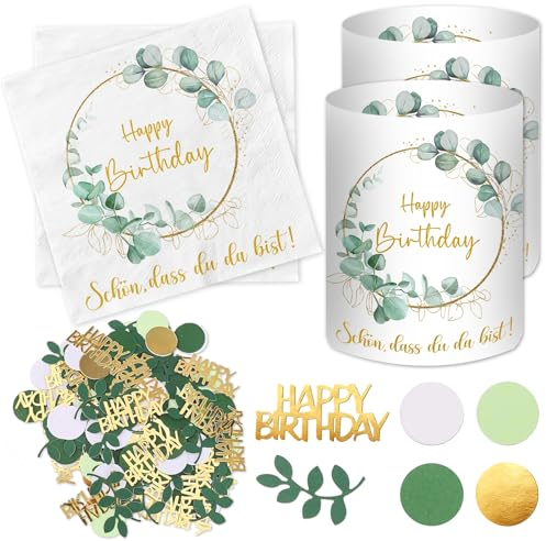 20 Stück Servietten Happy Birthday+ 12 Stück Windlicht Tischdeko Geburtstag + 100 Stück Konfetti Geburtstag Deko Grün, Geburtstagsdeko Frau Mann Mädchen Junge Kinder, Eukalyptus Tisch Deko