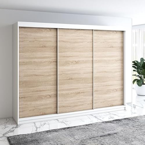 A&J MöbelLand Mero Schwebetürenschrank 200 cm, Kleiderschrank 3-türig mit 4 Schubladen (Weiß/Sonoma)