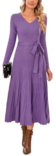 Arach&Cloz Robes Femme Longues Automne Tricotée Robe à Manches Longue Elégante Plissée Col V Jupe Midi Souple Hiver