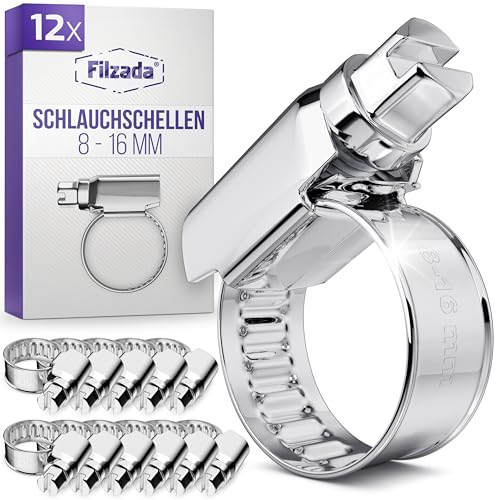 Filzada® 12x Schlauchschellen Edelstahl 8-16 mm - Schlauchklemme - rostfreie Schraubschelle - Schlauchschelle für Pool, Waschmaschine uvm - Schlauchklemmen Set - Schellen Set