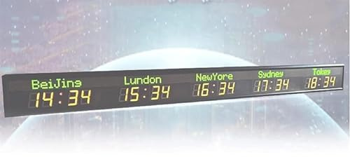 Fucxeoy World Time Zones Clock, LED Digital Full Color Multiple Time Zones Clock, 3/4/5 Cities World Time Wall Clock, Brightness Adjustment, for Hotels/Enterprises/Airports