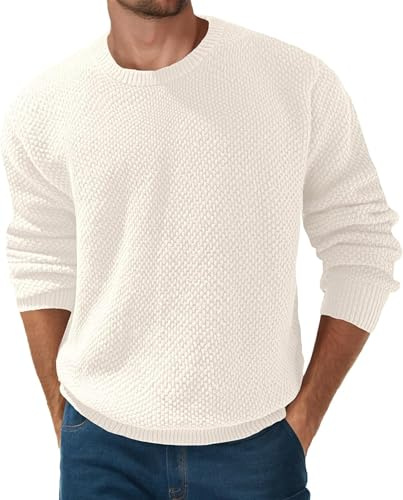 QIXING Pull à col rond texturé pour homme - Manches longues - Décontracté - Chaud - Hiver - Avec bords côtelés, blanc, XL