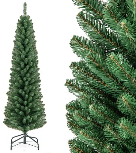 GYMAX 150 cm schmaler Weihnachtsbaum, Bleistift Tannenbaum mit 295 üppigen Zweigspitzen, faltbarem Metallständer, Christbaum, schlanker Dekorationsbaum für Zuhause & Partys