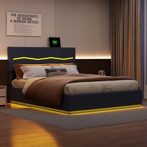 LLODERY Polsterbett Doppelbett 140x200 cm mit LED und USB, Hydraulisches Stauraumbett mit Stauraum und Lattenrost, Jugendbett ohne Matratze, PU Leder, Schwarz