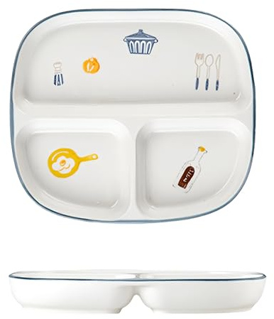 Keramisk delad tallrik, dietkontroll-middagstallrik med söta mönster, lämplig för pasta, biff, frukt, sallad och bröd, mikrovågssäker