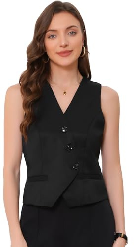 Allegra K Blazer sans Manches Femme Gilet de Costume d'affaires avec Ceinture au Dos Col en V Boutonné Veste Court de Bureau Noir S