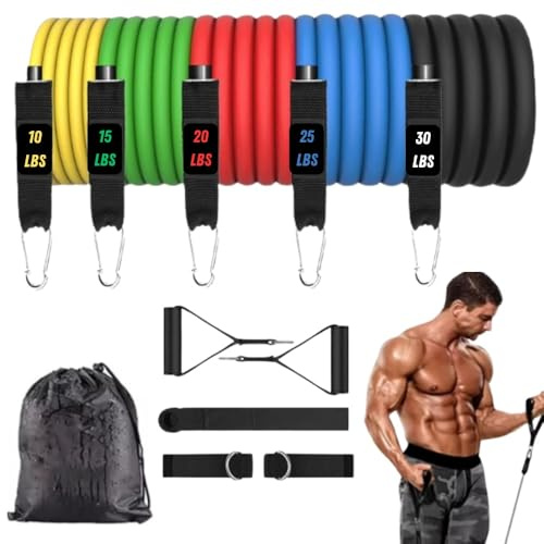 Set di 5 fasce elastiche per la muscolatura con maniglie, cinghie, ancoraggio e borsa – gomme di resistenza per allenamento a casa, fitness e tonificazione di gambe, braccia e glutei