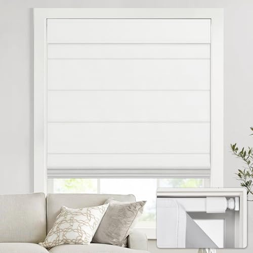 UNISHADES no Drill Cordless Roman Shades for Windows, 35 W × 64 H - 100% Blackout - Linen - Mist White