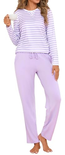 Jahetuul Pijama Largo Mujer Invierno de Algodón 2 Piezas Cuello Redondo | Este pijama de algodón incluye camiseta de manga larga con cuello redondo y pantalón largo para noches frías