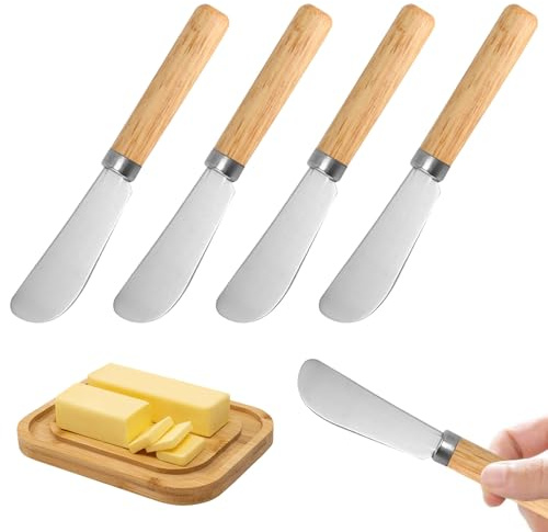 ShiJiuYou 4 PcsCuchillo Mantequilla, Cuchillo Untar, 14,7 cm Cuchillos Esparcidor de Acero Inoxidable, Cuchillos de Mantequilla Pequeños con Mango de Madera para Pan Crema Aperitivos Queso Cocina