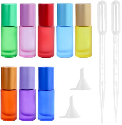 SAMANTHAHALLLTD 8 stycken 5 ml roll-on glasflaskor, flerfärgade rullflaskor med glasrulle, med 2 droppar, 2 trattar, för toner, eteriska oljor, parfym