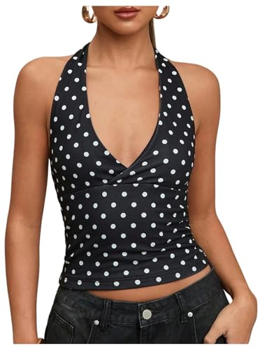 GORGLITTER Women's Leopard Ruched Crop Halter Tops V Neck Tie Backless Grunge Punk Y2K Tops Black Dots X-Small