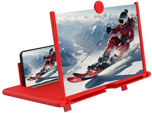 12 Inch Smartphone Screen Magnifier 3D HD Foldable Phone Stand with Adjustable Angle, Suitable for Movies, Videos, and Games,Supports All Smartphones. (Red)