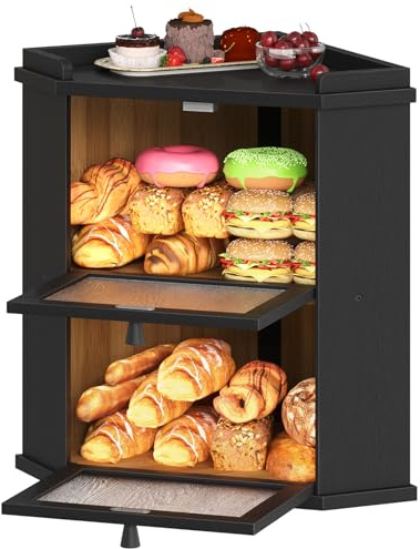 HOOBRO Portapane in Bambù a 2 Livelli con Ripiano Superiore, Porta Pane da Cucina con Piano con Sponde, Contenitore Pane per Cucina e Sala da Pranzo, Nero EBK19MB01