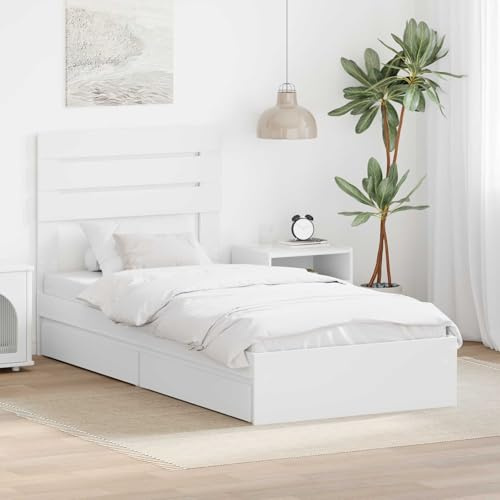 QJBSAVVA White Single Storage Bed Frame with Headboard for Narrow Twin 90 x 200 cm, Engineered Wood, 203 x 93 x 100 cm, Modern Design, Built-in drawers, UK Bedroom