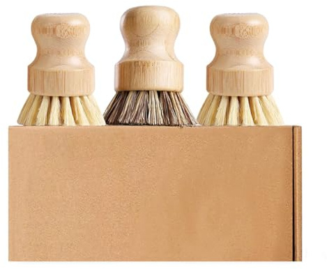 Kitchen Brush Set 3 Pack Natural Sisal Bristles Dish Brush Wooden Handle Pot Scrubber Eco Friendly Coconut Scourer for Cast Iron Pans Vegetables Bottles Biodegradable