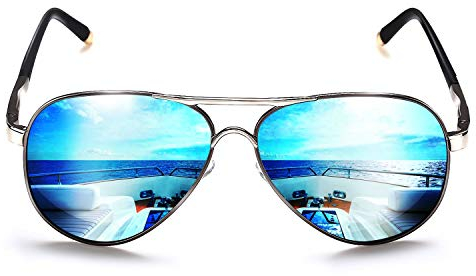 ROCKNIGHT Pilotenbrille, polarisierte Sonnenbrille für Männer und Frauen, Metallrahmen, flache Oberseite, leichte blaue Spiegelgläser, UV400, für den Außenbereich