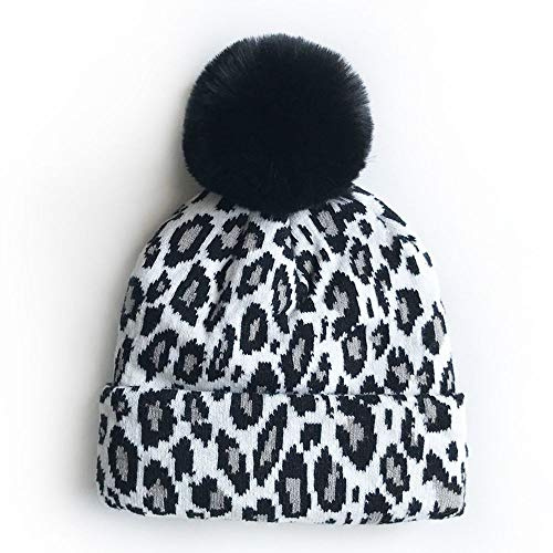 LUMoony MoonyLI barn vinter stickade mössor leopardmönster cuffed beanie päls boll pom pom mössa unisex barn mössa mössa mössa varm vinterhattar