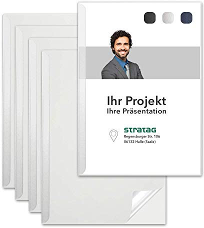 STRATAG Klemmmappen Klemmschienen-Set mit transparentem Deckel aus PP Kunststoff sowie Binderücken aus stabilem 350 g/m² Karton (Perlweiß, 6 Stück)