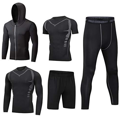 HZQIFEI Män 5 st sport gym fitness set träningsoveraller huvtröjor jackor + långärmad + kortärmad baslager t-shirts + lösa passande shorts + kompressionsbyxor, Stil # 4, L