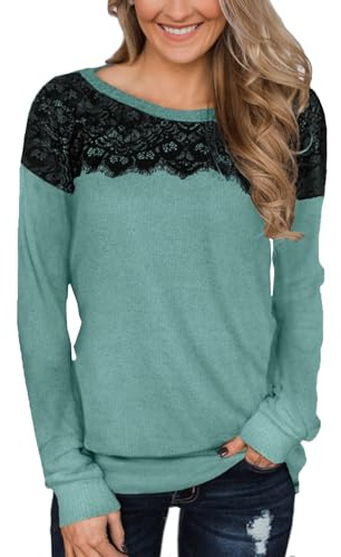 BesserBay Dam ledig enfärgad långärmad tröja med svarta spetsar elegant sweatshirt S-XXL, Turkos, S
