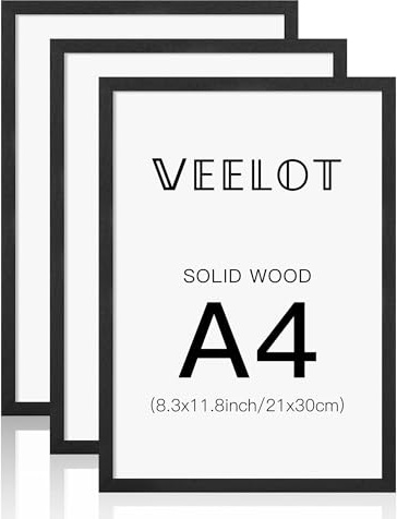 Veelot® 3x Cornice Foto in Legno Ayous nero A4 21x29.7cm,Passepartout 15X21cm,Legno di 21x30 Cornici per di documenti e diplomi - Montaggio a parete o esposizione da tavolo