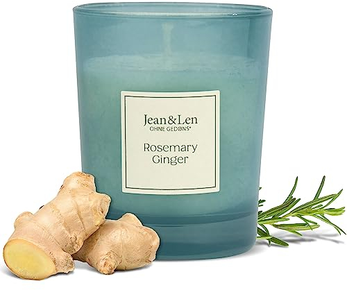 Jean & Len Duftkerze Rosemary & Ginger, für gemütliche Abende Zuhause, Handgemachte Duftkerze mit krautig-frischem Rosmarin & Ingwer Duft, Kerze im stylischen Glas, vegan, 120 g