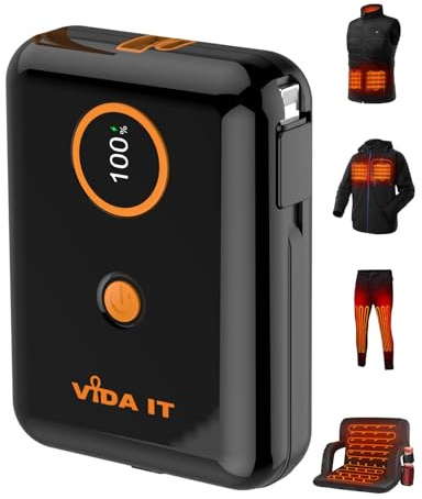 Vida IT 10000mAh Powerbank för Värmeväst Värmejacka 5V/2A Externt Batteri Mobil Laddare med Inbyggd Kabel för iPhone & Android. LED-Display Portabel USB-Laddaret Bärbar Nyckelring USB-C Batteripake