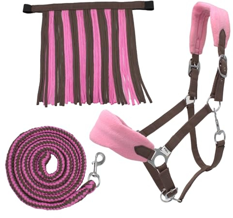 PFIFF 103103 Halfter-Set „Sunny“, 3-teiliges Set aus Halfter, Strick und Fliegenfransen, individuell anpassbar, Braun-Pink, Pony