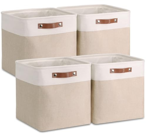 VIIHTYISA Lot de 4 Boîtes de Rangement en Tissu, 25x25x25cm, Avec Poignée en Cuir Synthétique pour Étagère Cube, Étagères, Penderie, Kaki et Blanc