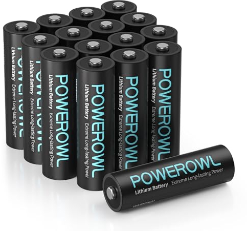 POWEROWL Pilas AA de Litio de Alto Rendimiento y Larga Duración, 1,5V Batería AA para Dispositivos de Alta Tecnología - Paquete de 16(No Recargable)
