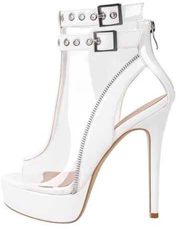 blingqueen Damen Peeptoe Sandaletten Transparente Stiefeletten Plateau Stiletto High Heels mit Riemen Schnallen Weiß 44 EU