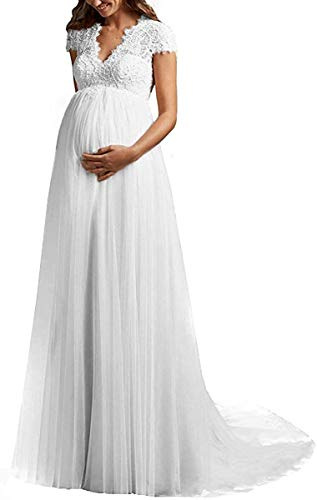 JINYUA Brautkleider Hochzeitskleider Schwanger Spitze Umstandsbrautkleid Lang V-Ausschnitt Brautkleid Große Größen mit Schleppe, Weiß, 38