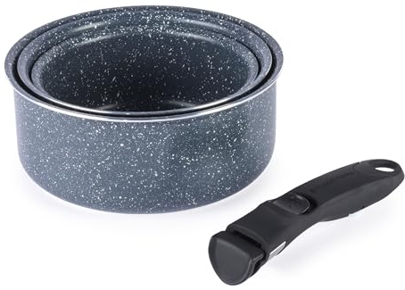Russell Hobbs Juego de cacerolas de Smart Clip - 3 ollas antiadherentes con asa extraíble, para horno y placas de inducción, ahorro de espacio apilable, 16/18/20 cm, Nightfall Stone