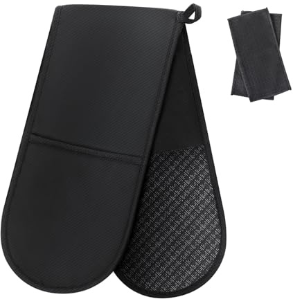 Philorn Black Double Oven Mitts，Heat Resistant 260℃ Waterproof Silicone Glove Kitchen Gloves Oven Extra Long Oven Mitts with Non-Slip Silicone Surface for Baking, Cooking, BBQ